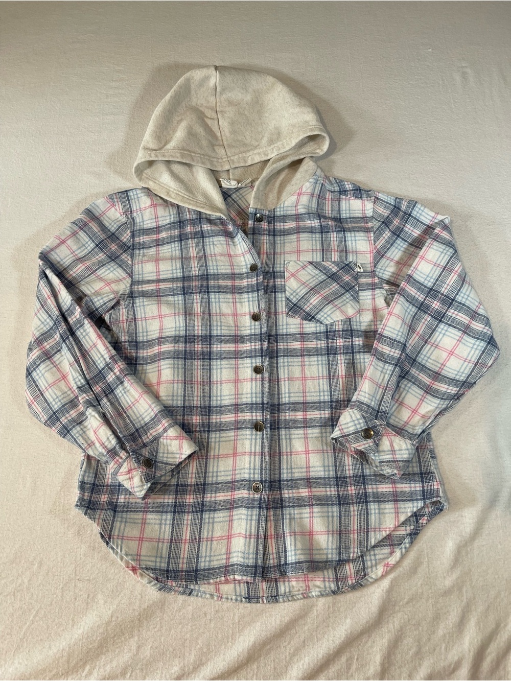 Roxy Girls Hooded Flannel Plaid Button-Up Shirt - White, Blue & Pink